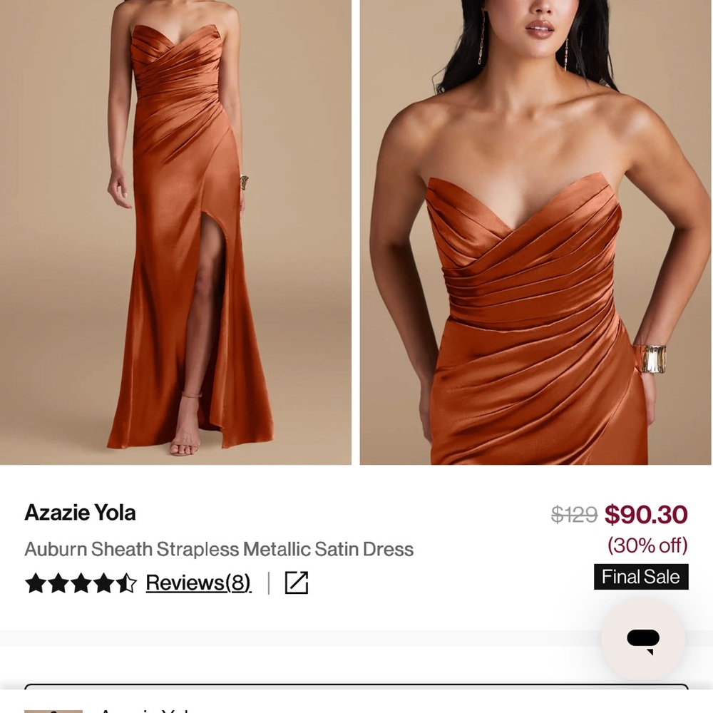 Azazie Strapless Metallic Satin Dress in Burnt Orange